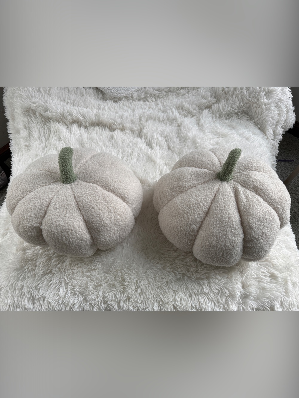 Set of 2- Cream Plush Pumpkin Throw Pillow with Green Stem